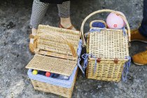People standing by picnic basket — Stock Photo