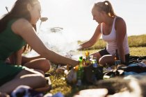 Freunde grillen beim Picknick — Stockfoto