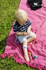 Niño sosteniendo la galleta mientras está sentado en la mesa de picnic - foto de stock