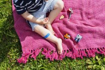 Хлопчик з іграшковими машинами на пікніку ковдру — стокове фото