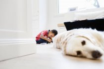 Junge lernt mit Hund im Wohnzimmer — Stockfoto