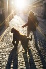 Женщина гуляет с собакой по мощеной улице — стоковое фото