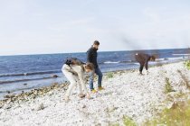 Freunde pflücken Kieselsteine am Strand — Stockfoto