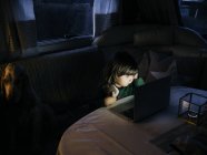 Дівчина дивиться на ноутбук. — стокове фото