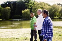Male friends playing boule at park — Stock Photo