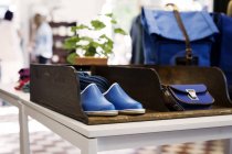 Schuhe und Taschen im Geschäft ausgestellt — Stockfoto