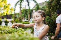 Mädchen schneidet Pflanze mit Vater bei der Gartenarbeit — Stockfoto