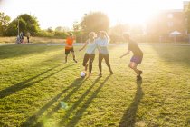Amici che giocano a calcio al parco — Foto stock