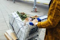 Young woman pushing shopping cart — Stock Photo