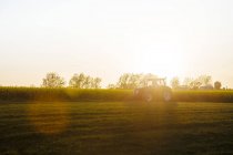 Tractor en el campo durante la puesta del sol - foto de stock