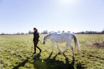 Woman walking with horse on field — Stock Photo