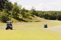 Golf carts on field by trees — Stock Photo