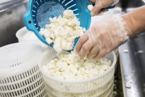 Close-up of woman preparing cottage cheese in commercial kitchen — Stock Photo