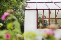 Donna che controlla le piante nel conservatorio — Foto stock