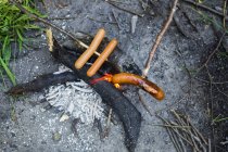 Sausages over camp fire on ground — Stock Photo