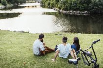 Três pessoas relaxando no parque com guitarra — Fotografia de Stock