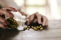 Male hand putting hops into jar — Stock Photo