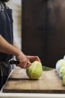 Mid section of man cutting cabbage — Stock Photo
