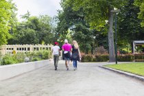 Ragazza adolescente e ragazzi adolescenti (14-15) a piedi nel parco — Foto stock
