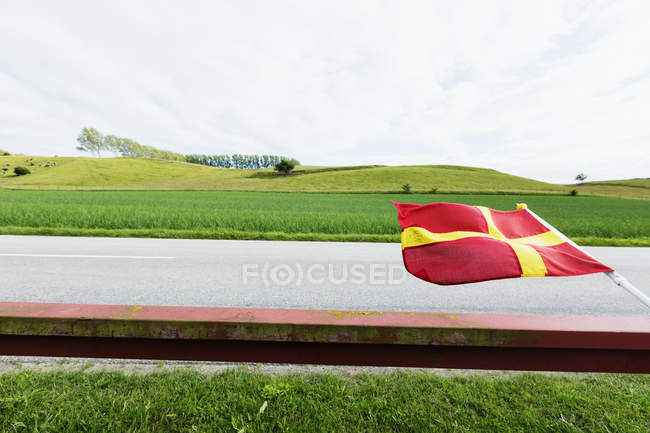 Flag on fence over green field — Stock Photo