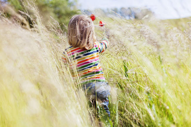 Fille tenant des fleurs et marchant au champ — Photo de stock