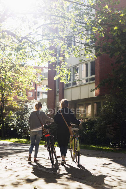 Women walking with bicycles on street — Stock Photo