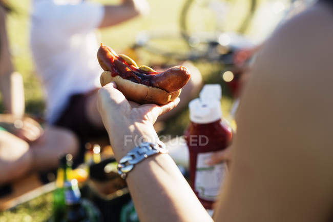 Woman holding hot dog at picnic — Stock Photo