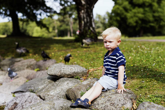 Chico sentado en roca en parque - foto de stock