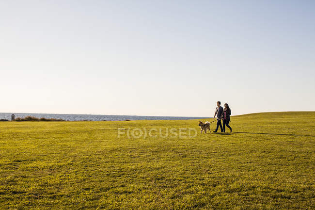 Couple with dog walking — Stock Photo