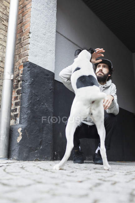 Hombre jugando con perro - foto de stock