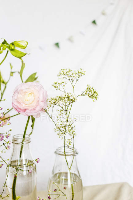 Flowers in vases on table — Stock Photo
