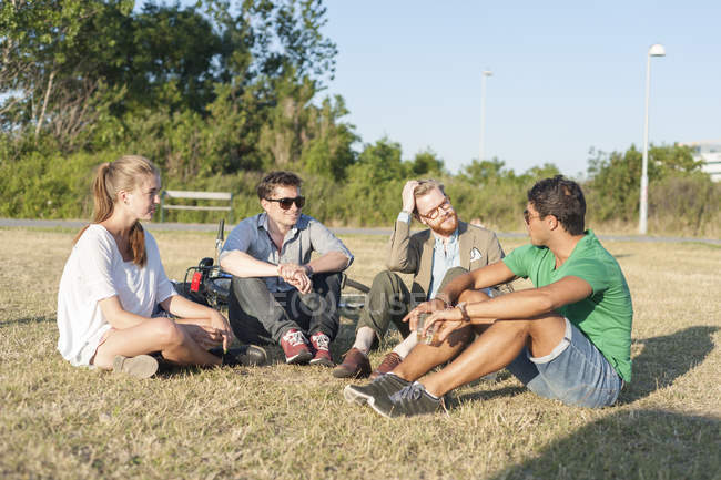 Amigos sentados en el campo de hierba - foto de stock