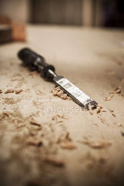 Chisel and shavings on wood — Stock Photo
