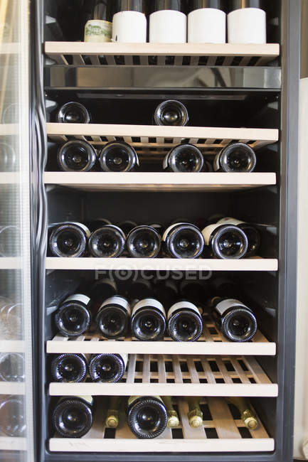 Bottiglie di champagne disposte in cantina — Foto stock