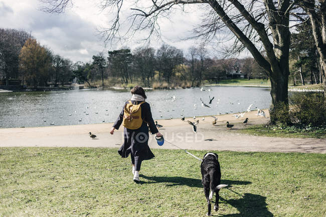 Donna che cammina con cane di razza mista — Foto stock