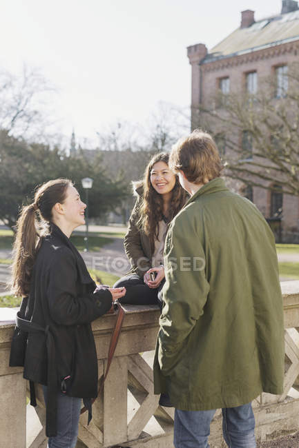 Amigos adolescentes en el campus universitario - foto de stock