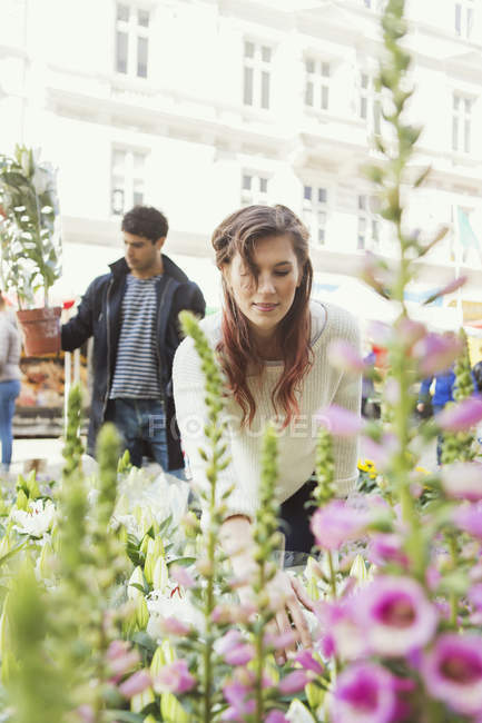 Mujer tocando flor en el mercado - foto de stock