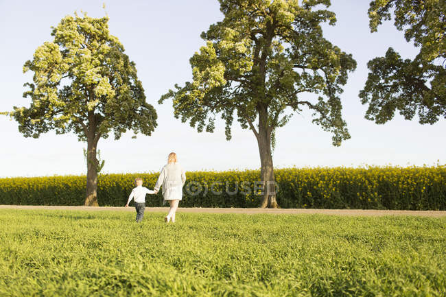 Madre e hijo caminando en campo herboso - foto de stock