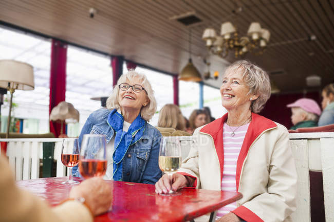 Mujeres mayores bebiendo vino - foto de stock