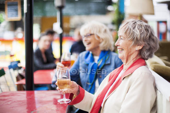 Mujeres mayores sosteniendo anteojos de vino - foto de stock