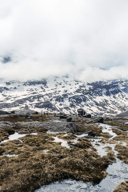 Neve paisagem coberta e riacho — Fotografia de Stock