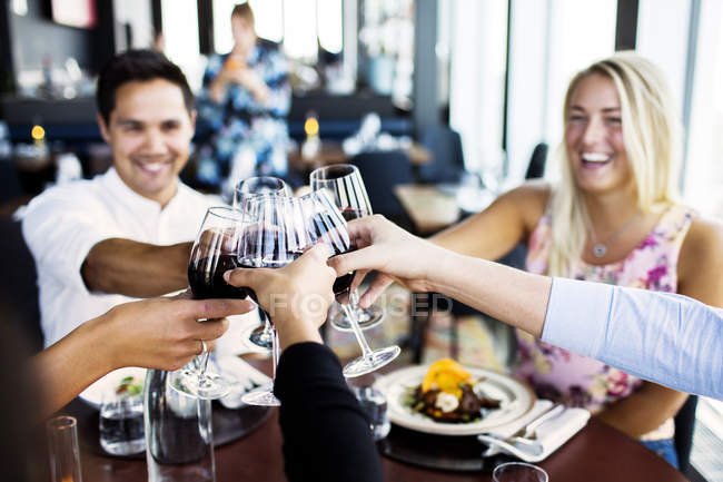 Amigos brindando con vino tinto - foto de stock