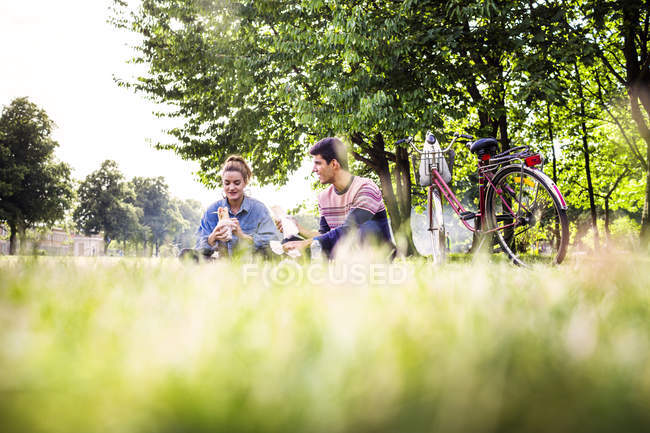 Paar isst Mittagessen im Park — Stockfoto