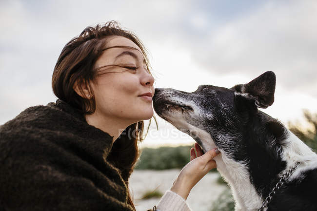 Cão beijando jovem mulher — Fotografia de Stock