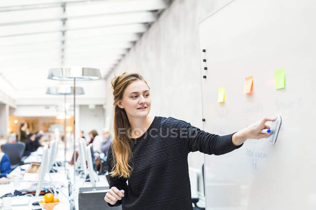 Businesswoman wiping whiteboard — Stock Photo
