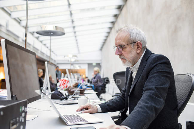 Senior businessman using laptop — Stock Photo