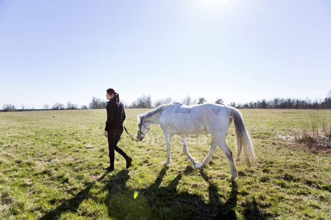 Donna che cammina con cavallo sul campo — Foto stock