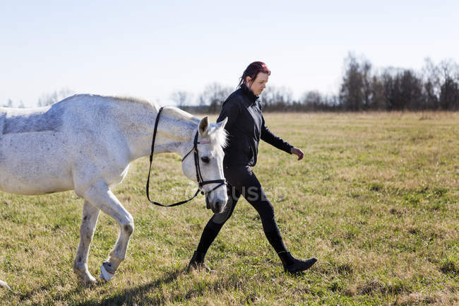 Жінка ходить з конем на полі — стокове фото