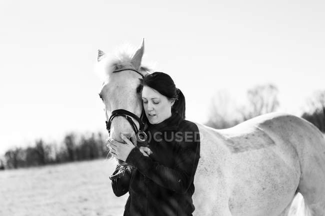 Woman stroking horse — Stock Photo