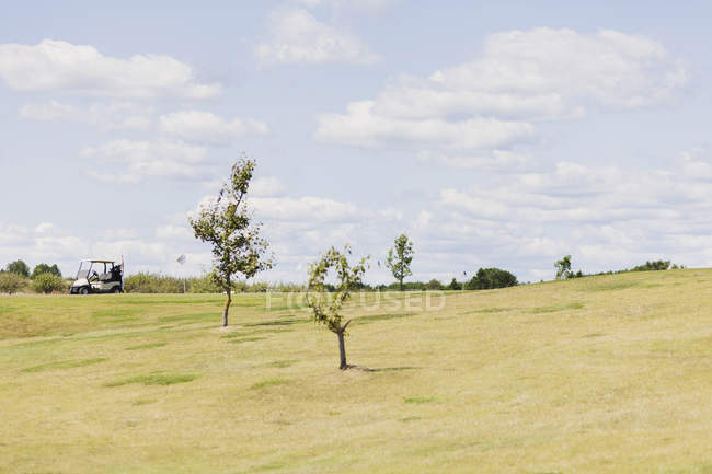 Гольф-кар на поле против неба — стоковое фото